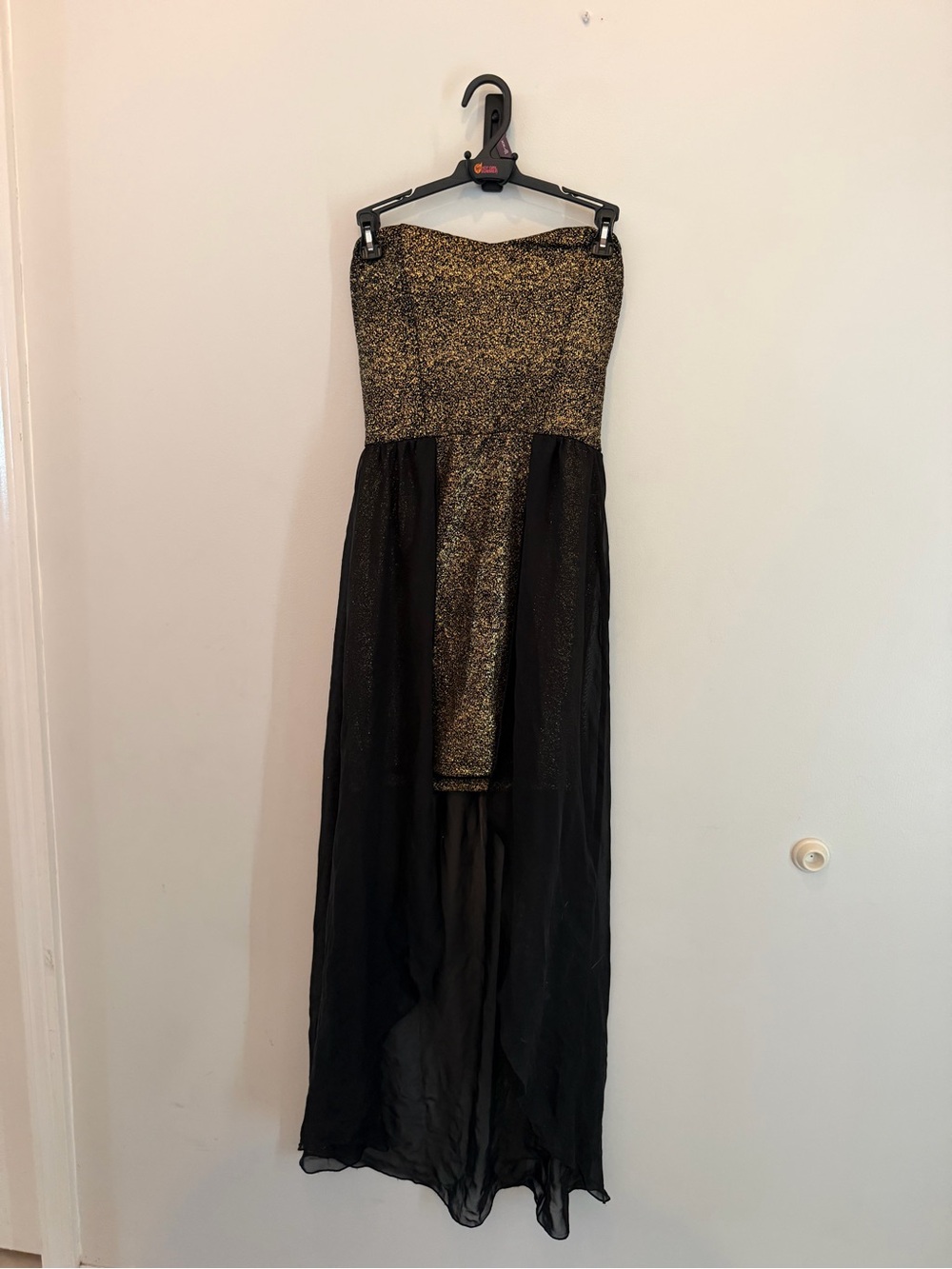 a'gaci Strapless Black and Gold High-Low Evening Dress